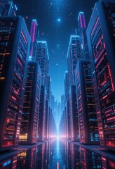 Obraz premium A vibrant futuristic cityscape illuminated by colorful neon lights, featuring sleek skyscrapers with innovative designs, bustling streets filled with hover cars, and digital billboards.