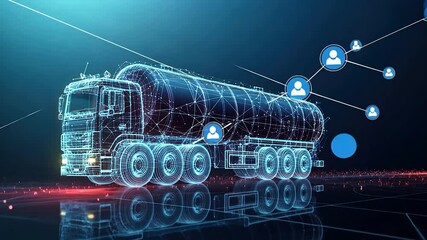 Futuristic digital tanker truck on reflective floor with glowing network - Powered by Adobe