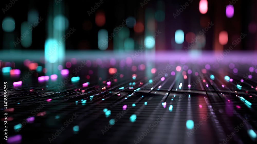Poster a mesmerizing display of colorful light patterns on a digital surface, representing innovation and f