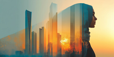 silhouette of a Arab Lady in the urban city skyline