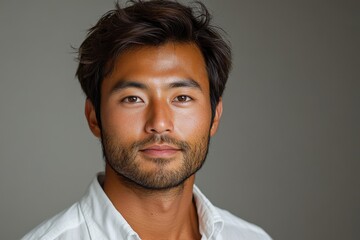 Fototapeta premium Close-up portrait of a young man with dark hair and a light complexion, wearing a white shirt