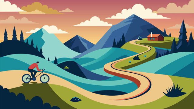 A thrilling mountain biking course that sends you careening through a virtual landscape filled with surprising twists and turns.. Vector illustration