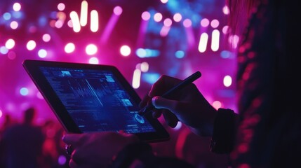 Technological symphony: person manipulates digital data with tablet at live event