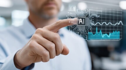 A person interacts with a digital interface displaying AI analytics in a modern office environment.