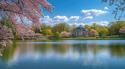 Fototapeta premium Serene Lakeside Vista with Floral Blooms and Classical Pavilion Reflections