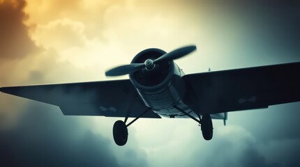 Fototapeta premium Vintage airplane soaring through dramatic clouds.