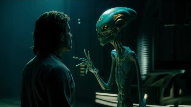 Cosmic meeting unfolds between humanoid and extraterrestrial under eerie glow