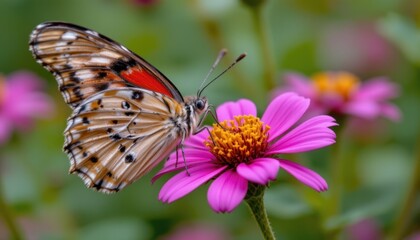 Obraz premium Butterfly feeding on pink flower in nature close-up photography vibrant garden setting