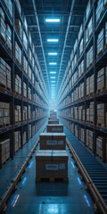A spacious warehouse filled with numerous stacked boxes of various sizes on the concrete floor, illuminated by bright overhead lights, creating a bustling and organized atmosphere.