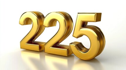 Gold 225 number, 3D render, white background, celebration, milestone