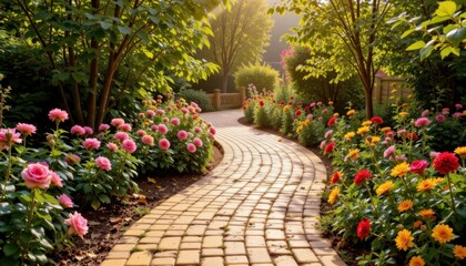 Obraz premium Relaxing stroll through a colorful flower path botanical garden photography lush environment serene viewpoint