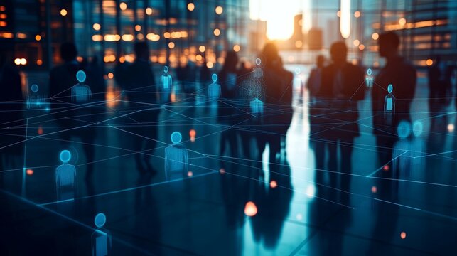 Professionals engaged in networking amidst a modern corporate environment with digital interaction at sunset - Powered by Adobe
