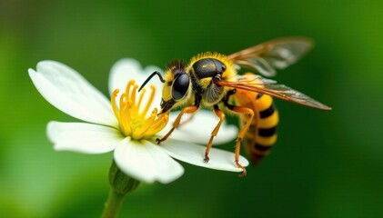 Yellow and black striped insect collecting nectar from a small white blossom, white, collect nectar, nature