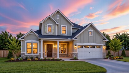 Beautiful sunset over modern house suburban neighborhood real estate photography tranquil environment exterior view home concept