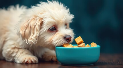 Adorable fluffy puppy nibbling on treats in a blue bowl.