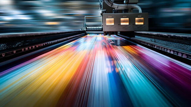 High-Speed Industrial Printing Press in Motion, Applying Vibrant Colors onto a Continuous Sheet of Material.