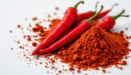 Spicy culinary delights red chili peppers and powder kitchen food photography bright setting close-up flavor profiles