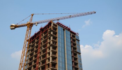 Construction progress of high-rise building with crane in urban setting architectural photography daylight view