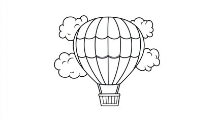 Hot air balloon floats amidst clouds; children's book illustration