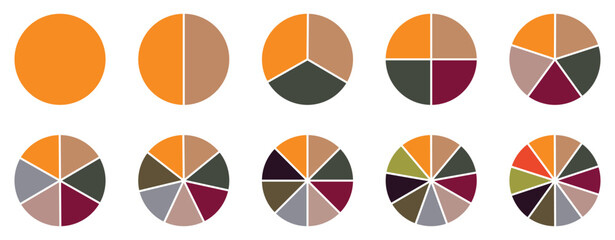 Circle pie chart set. Colorful diagram with 10 sections.  Isolated on white background, Pie chart set. Circle section graphs. Pie chart divided 1,2,3,4,5,6,7,8,9,10,11,12 equal parts. Vector-eps 10