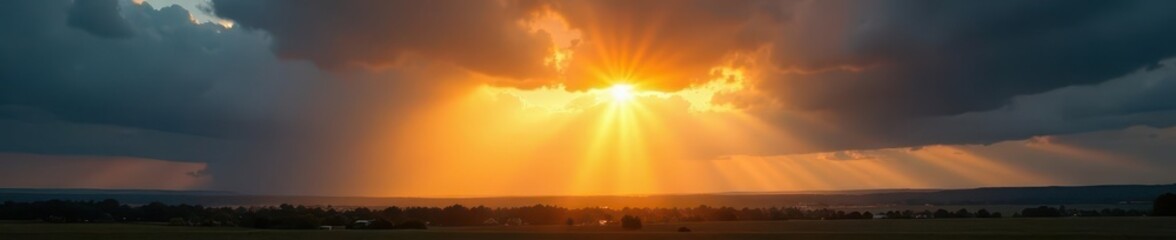 Fototapeta premium Golden rays pierce dark clouds, illuminating landscape, bright, warmth