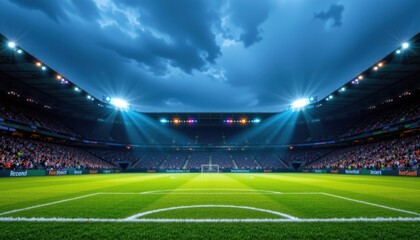 Exciting football match under dramatic skies stadium sports photography evening wide angle competitive atmosphere