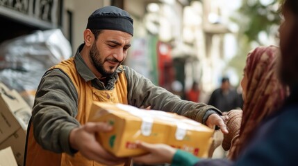 Kind volunteer distributing Ramadan food aid to people in need on the street