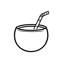 Coconut with Straw Isolated, Black Outline on Transparent Background, Simple Icon