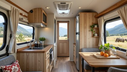 Cozy rv interior design showcase mountain landscape photography natural light inviting atmosphere