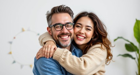 Joyful hug between couple at home family portrait indoor setting warm atmosphere close-up view for emotional connection