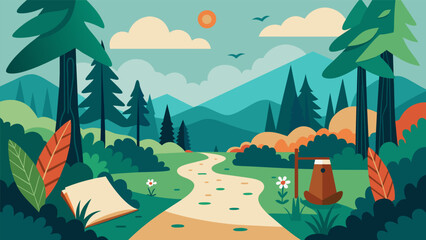 A slowpaced hike through the woods with prompts to create natureinspired poems or short stories along the way.. Vector illustration