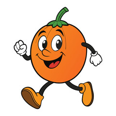 A cheerful pumpkin mascot with a big smile dashes forward, its orange body bouncing with each step. Its green stem wiggles as it speeds along, spreading festive energy.