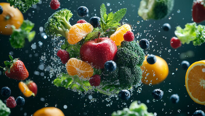 A vibrant blend of fresh fruits and vegetables, with water droplets suspended in the air, creating a lively and refreshing scene.