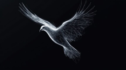 Wireframe Dove Soaring Dark Background, Peace Symbol, Digital Art
