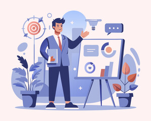 Business strategy planning, marketing tactic or winning strategy to achieve target, project blocker and solution to be success concept, smart businessman presenting business strategy on whiteboard

