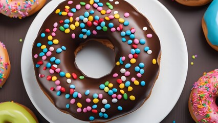 Chocolate donut covered in colorful sugar sprinkles served on white ceramic plate