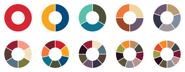 Pie chart set, colored segmented circle icons, pie chart divided equal parts, ring percentage wheel, circle diagram with sections or parts, Vector-eps 10