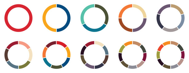 Pie chart set, colored segmented circle icons, pie chart divided equal parts, ring percentage wheel, circle diagram with sections or parts, Vector-eps 10