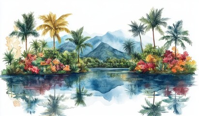 Fototapeta premium Tropical Lagoon: Watercolor Paradise of Palms and Mountain Reflections