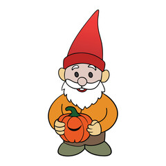 A whimsical gnome holding a pumpkin, often depicted with a cheerful expression, wearing a pointy hat, and standing amidst autumn foliage, evoking a festive fall vibe.