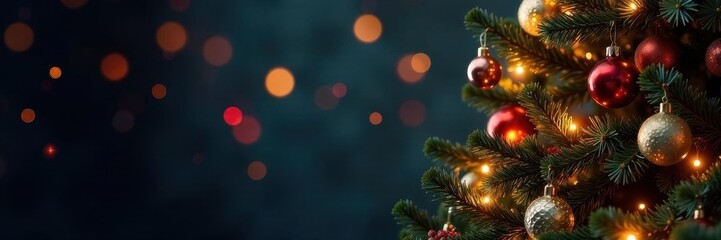 Obraz premium Ornate tree, twinkling lights, festive background, evergreen, gold, pattern