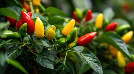 Colorful chili peppers growing on vibrant green plants in a lush garden setting, showcasing various stages of ripeness and vivid colors of red, yellow, and green
