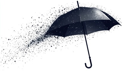 Black umbrella, rain dissolving, white background, protection concept