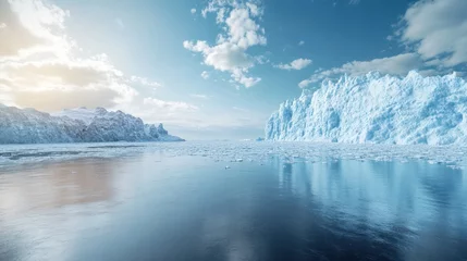 A stunning view of icy glaciers reflecting in calm waters under a bright sky, showcasing the beauty of untouched nature. © CStock
