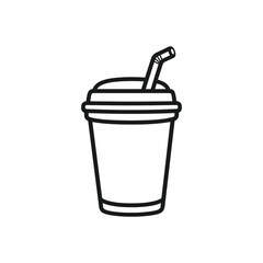 Disposable Drink Cup with Lid and Straw Black Outline on Transparent Background