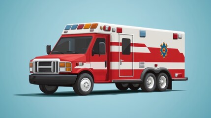 Red ambulance parked, studio backdrop, emergency medical services