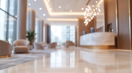 Fototapeta premium Luxurious hotel lobby reception desk, marble floor, city view, waiting area
