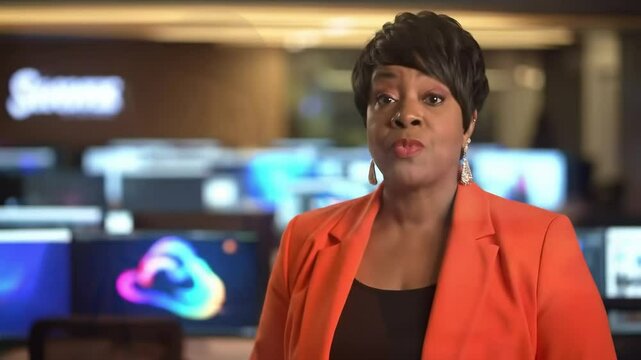 Confident African American Woman in an Orange Blazer Standing in a Modern Office Setting with Computer Screens in the Background