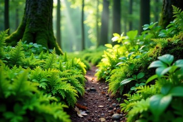 Obraz premium Lush ferns, moss, and vibrant green foliage carpet a Pacific Northwest trail , shadows, wilderness, Oregon
