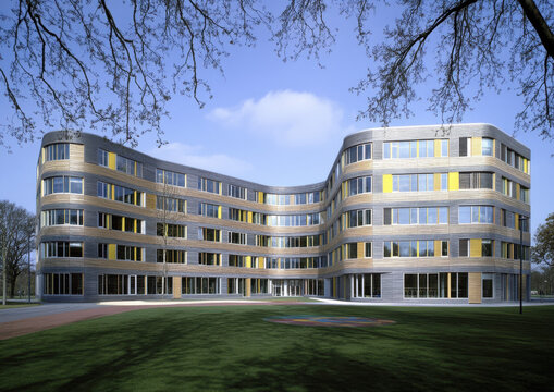 Modern building with curved facade, surrounded by greenery